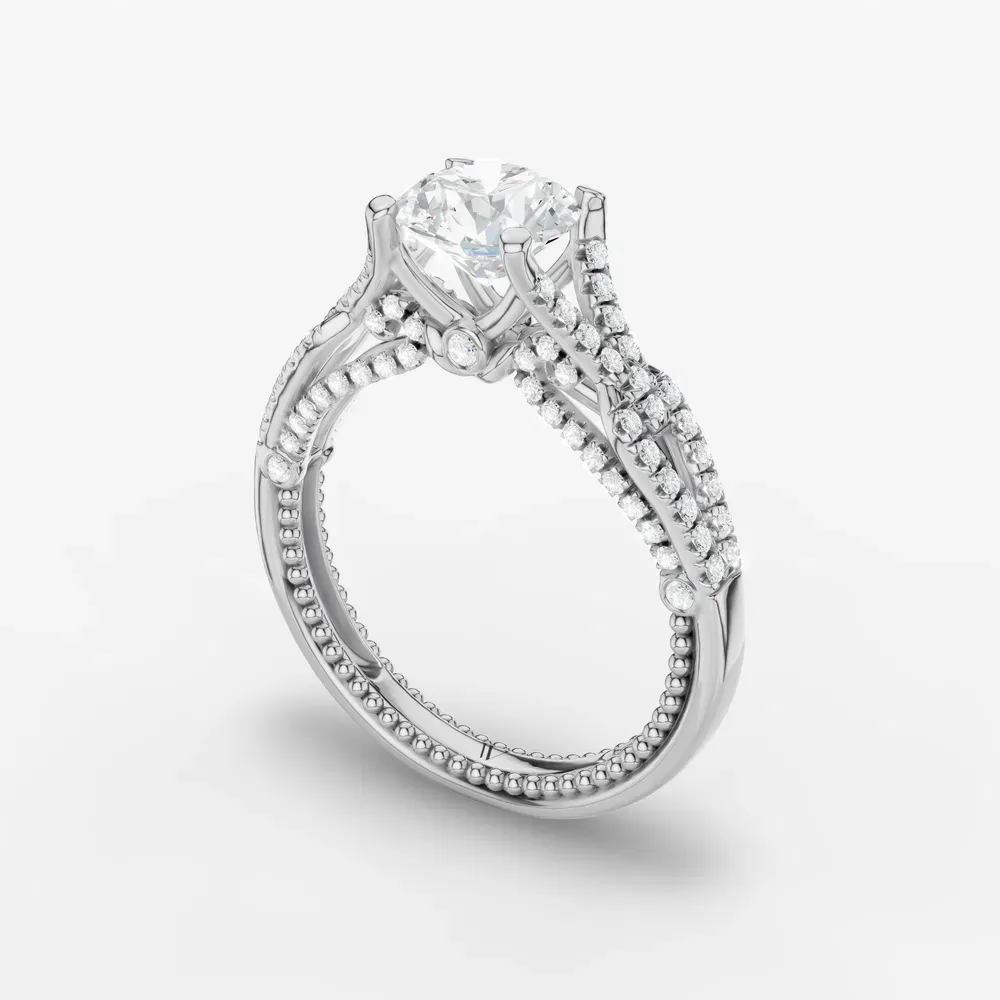 Certified 1 carat Lab Grown Diamond Round Cut Hidden Halo, Milgrain, Nature inspired Engagement Ring in 14K White Gold-Soxel