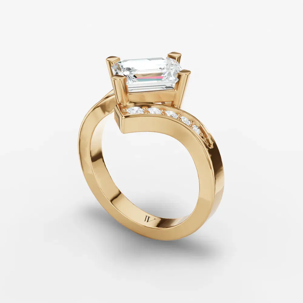 Certified 2 carat Lab Grown Diamond Emerald Cut Unique, Modern, Twist Engagement Ring in 14K Yellow Gold-Flow