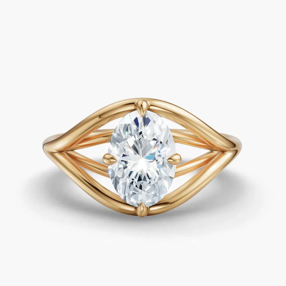 Certified 2 carat Lab Grown Diamond Oval Cut Solitaire, Split Shank, Modern Engagement Ring in 14K Yellow Gold-Kira