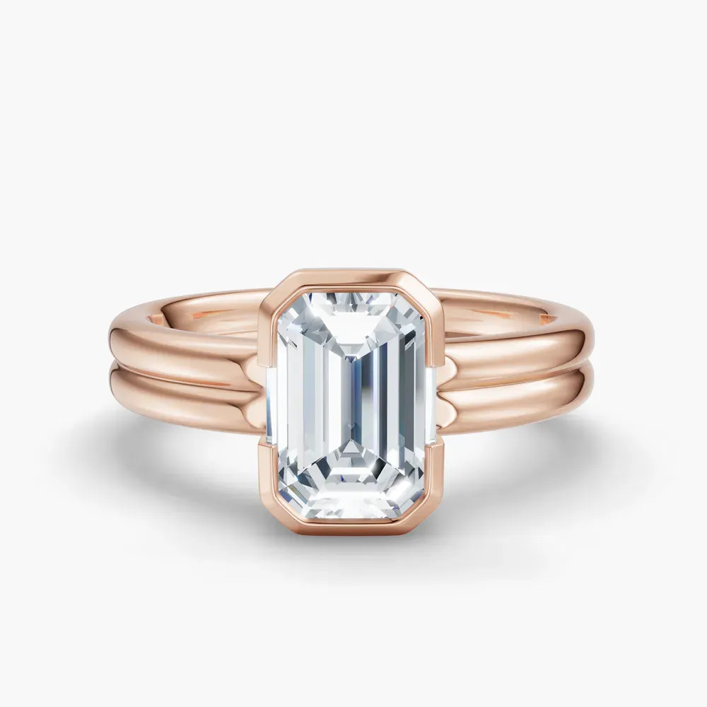 Certified 1 carat Lab Grown Diamond Emerald Cut Solitaire, Bezel, Modern Engagement Ring in 14K Rose Gold-Sena