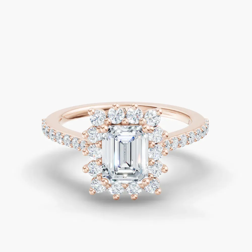 Certified 1 carat Lab Grown Diamond Emerald Cut Pavé, Halo, Floral Engagement Ring in 14K Rose Gold-Elite Juniper