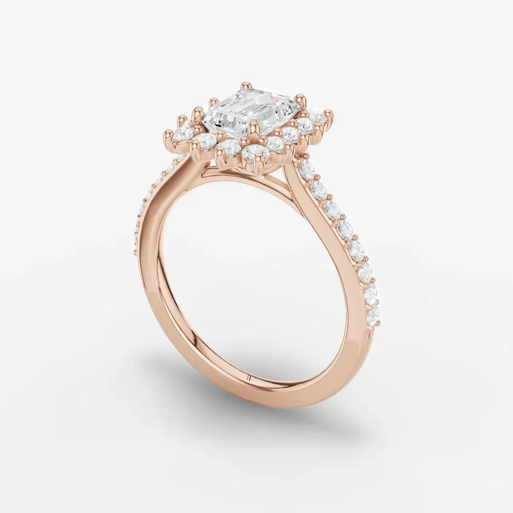 Certified 1 carat Lab Grown Diamond Emerald Cut Pavé, Halo, Floral Engagement Ring in 14K Rose Gold-Elite Juniper