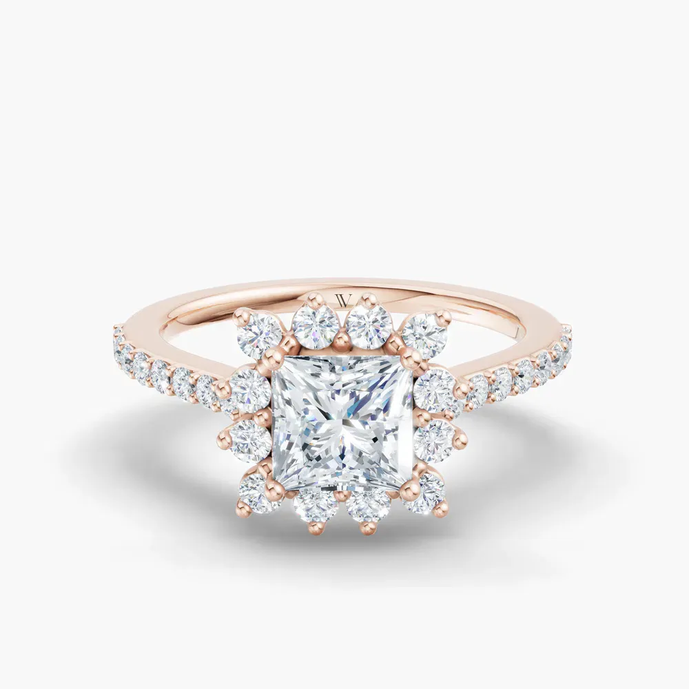 Certified 1 carat Lab Grown Diamond Princess Cut Pavé, Halo, Floral Engagement Ring in 14K Rose Gold-Elite Juniper