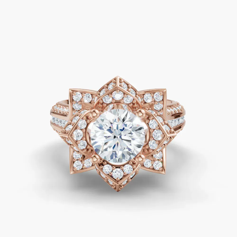 Certified 1 carat Lab Grown Diamond Round Cut Vintage, Floral, Unique Engagement Ring in 14K Rose Gold-Zirix