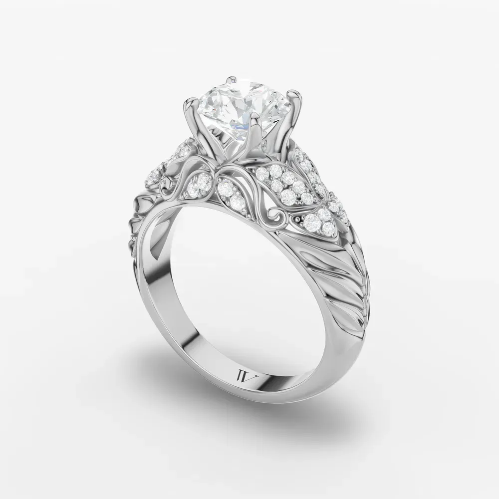 Certified 1 carat Lab Grown Diamond Round Cut Nature inspired, Pavé, Unique Engagement Ring in 14K White Gold-Lyric