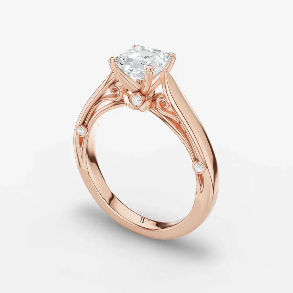 Certified 1 carat Lab Grown Diamond Asscher Cut Cathedral, Nature inspired, Solitaire Engagement Ring in 14K Rose Gold-Saelor