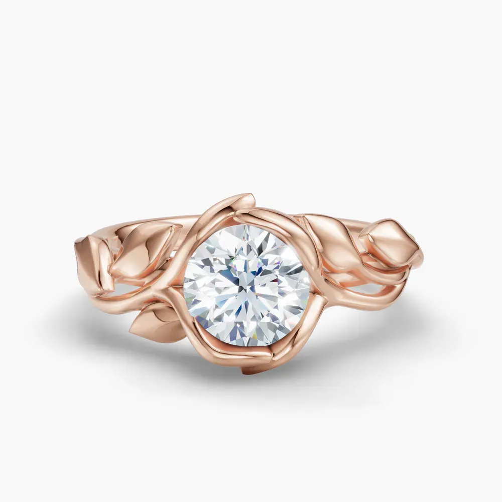 Certified 1 carat Lab Grown Diamond Round Cut Solitaire, Nature inspired, Unique Engagement Ring in 14K Rose Gold-Evelyn