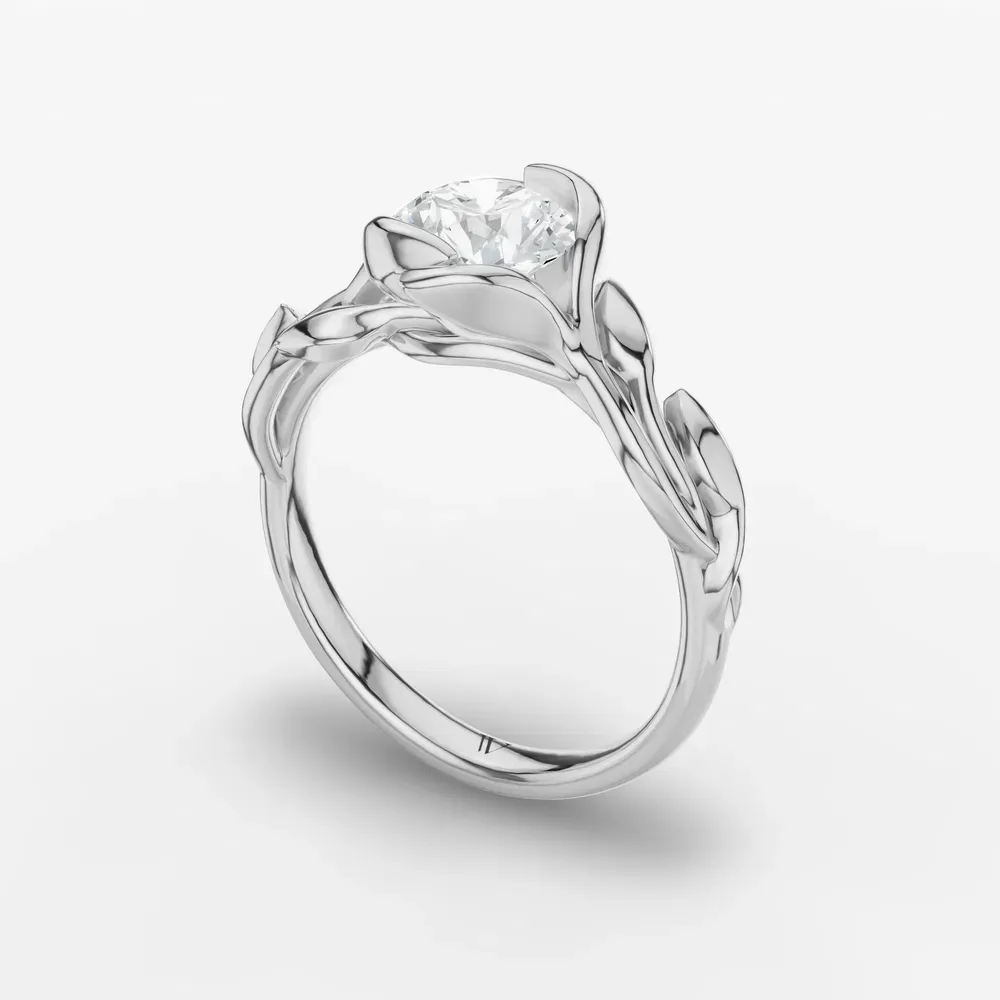 Certified 1 carat Lab Grown Diamond Round Cut Solitaire, Nature inspired, Unique Engagement Ring in 14K White Gold-Evelyn