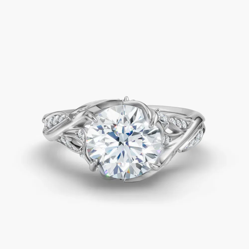 Certified 2 carat Lab Grown Diamond Round Cut Nature inspired, Twist, Pavé Engagement Ring in 14K White Gold-Hush