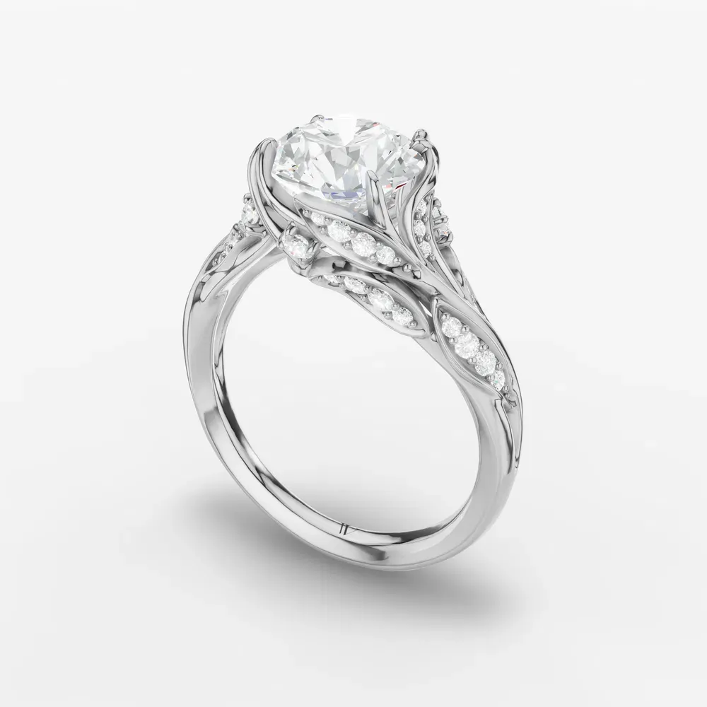 Certified 2 carat Lab Grown Diamond Round Cut Nature inspired, Twist, Pavé Engagement Ring in 14K White Gold-Hush
