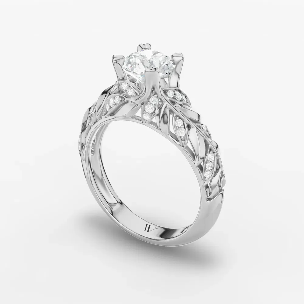 Certified 1 carat Lab Grown Diamond Round Cut Nature inspired, Vintage, Unique Engagement Ring in 14K White Gold-Vibe