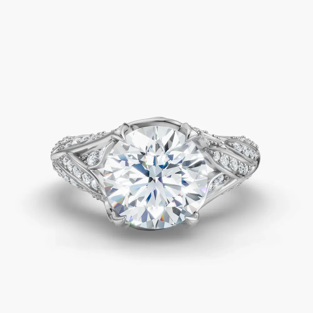 Certified 3 carat Lab Grown Diamond Round Cut Nature inspired, Pavé, Four Prong Engagement Ring in 14K White Gold-Rift