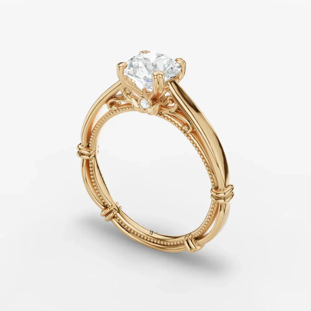 Certified 1 carat Lab Grown Diamond Round Cut Vintage, Milgrain, Nature inspired Engagement Ring in 14K Yellow Gold-Qoxi
