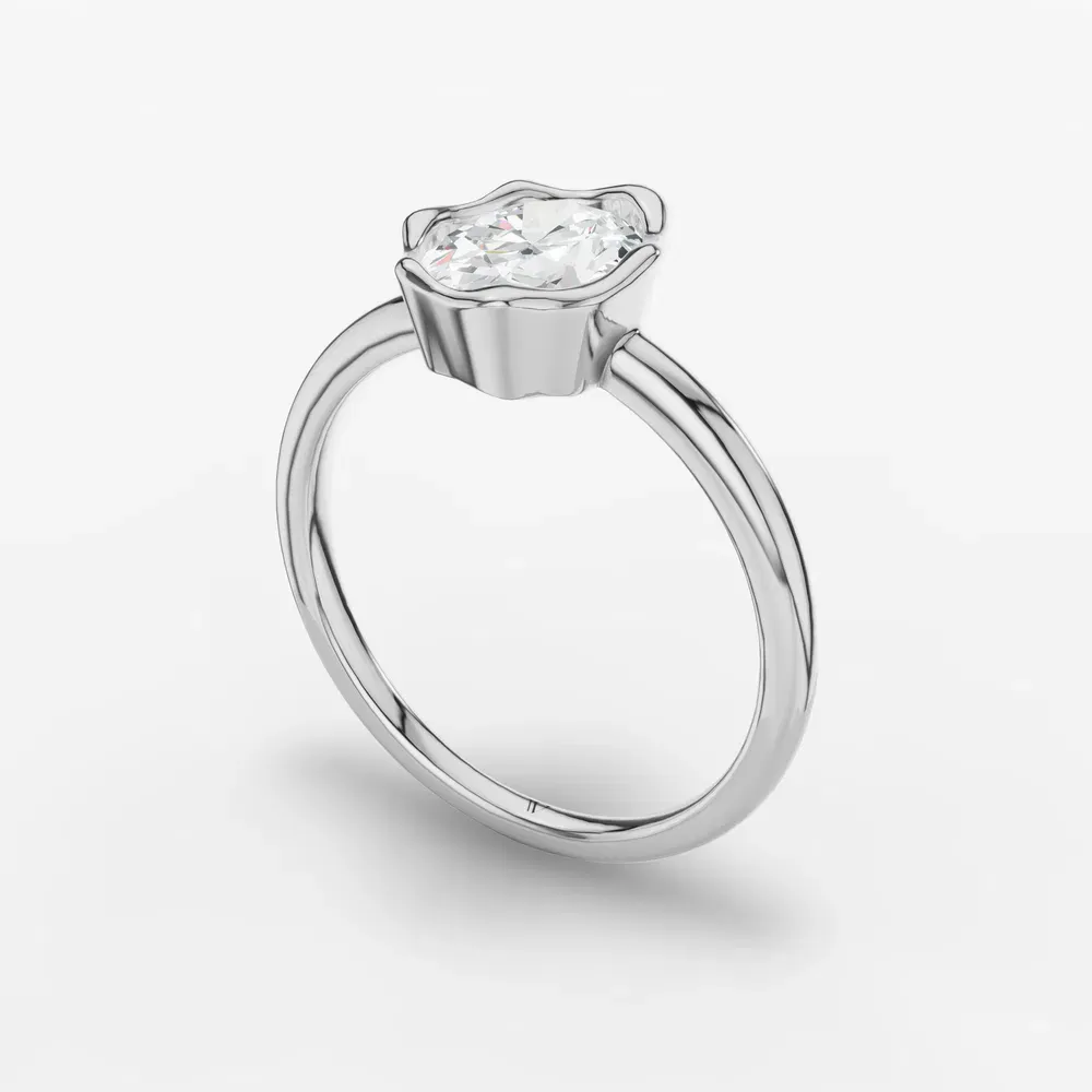 Certified 1 carat Lab Grown Diamond Oval Cut Solitaire, Bezel, Nature inspired Engagement Ring in 14K White Gold-Corolla