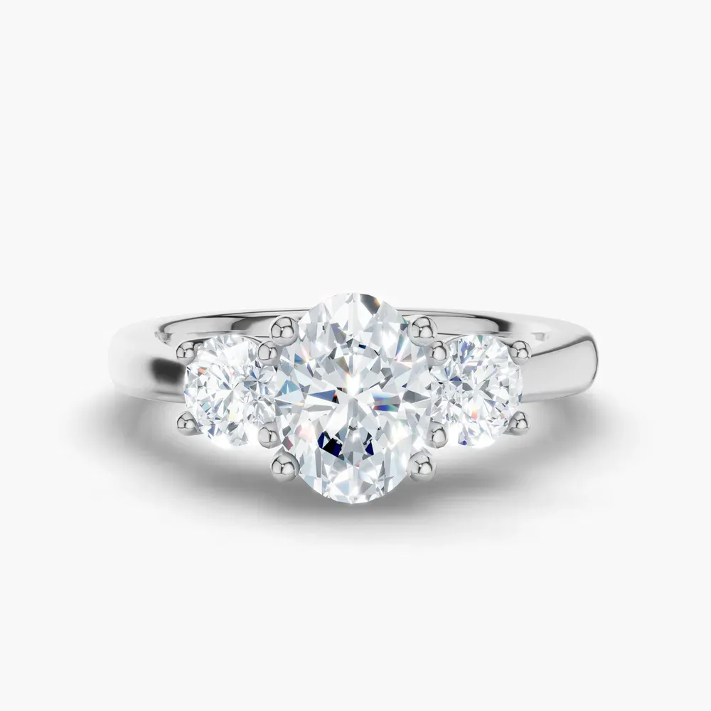 Certified 1 carat Lab Grown Diamond Oval Cut Three Stone, Side Stone, Low profile Engagement Ring in 14K White Gold-Valeri