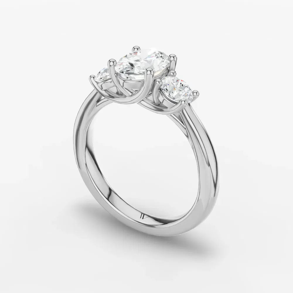Certified 1 carat Lab Grown Diamond Oval Cut Three Stone, Side Stone, Low profile Engagement Ring in 14K White Gold-Valeri