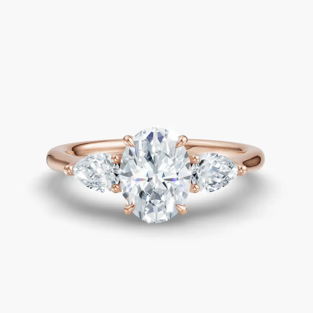 Certified 1 carat Lab Grown Diamond Oval Cut Three Stone, Side Stone, Low profile Engagement Ring in 14K Rose Gold-Hailu