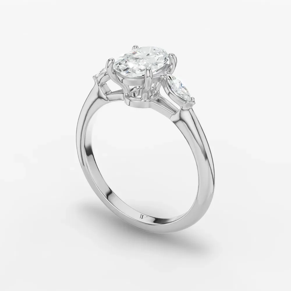 Certified 1 carat Lab Grown Diamond Oval Cut Three Stone, Side Stone Engagement Ring in 14K White Gold-Glow