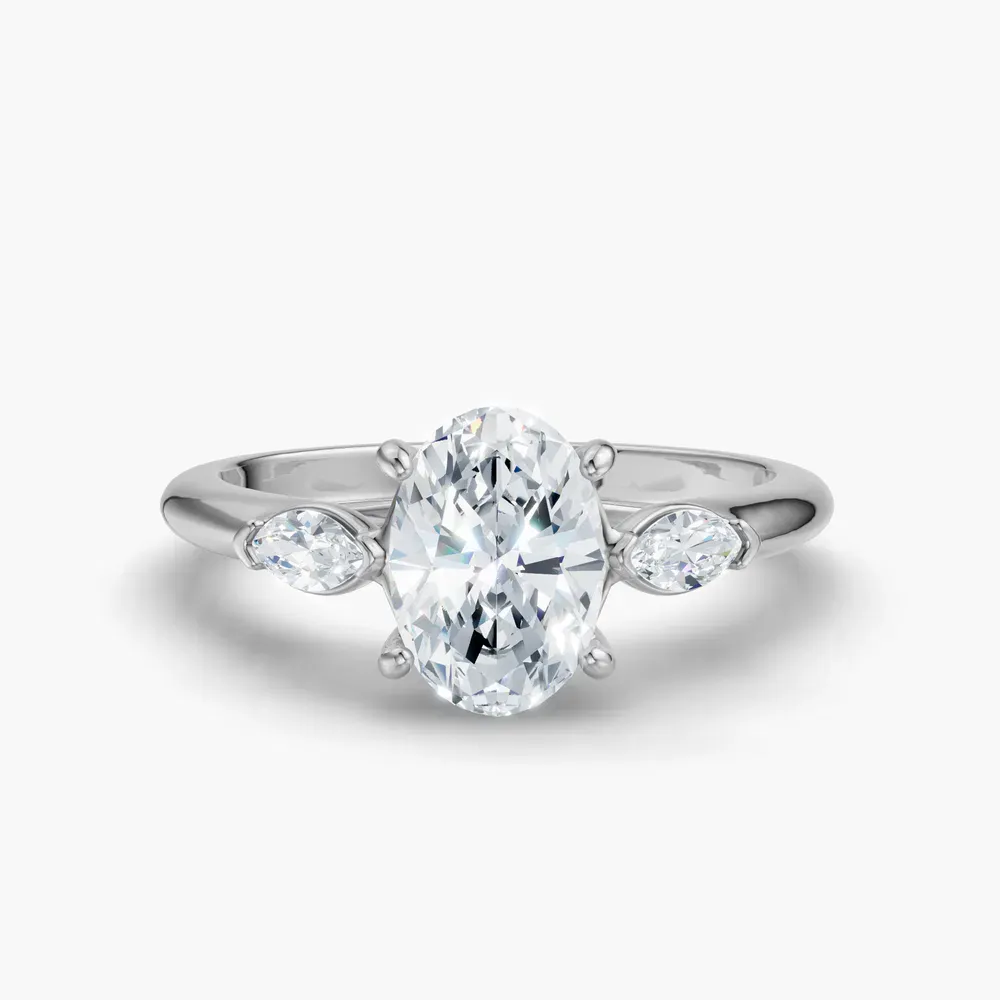 Certified 1 carat Lab Grown Diamond Oval Cut Three Stone, Side Stone Engagement Ring in 14K White Gold-Glow