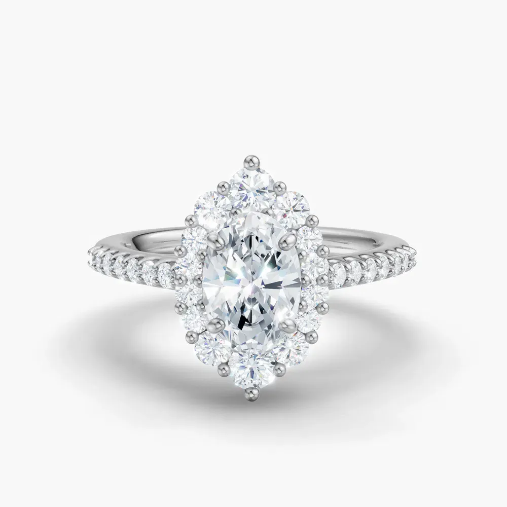 Certified 1 carat Lab Grown Diamond Oval Cut Pavé, Halo, Cathedral Engagement Ring in 14K White Gold-Mirey