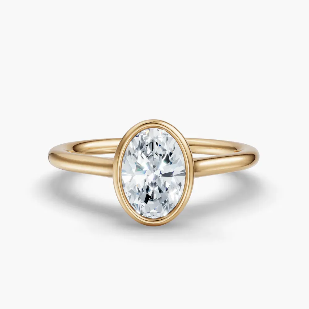 Certified 1 carat Lab Grown Diamond Oval Cut Solitaire, Bezel, Cathedral Engagement Ring in 14K Yellow Gold-Borvi