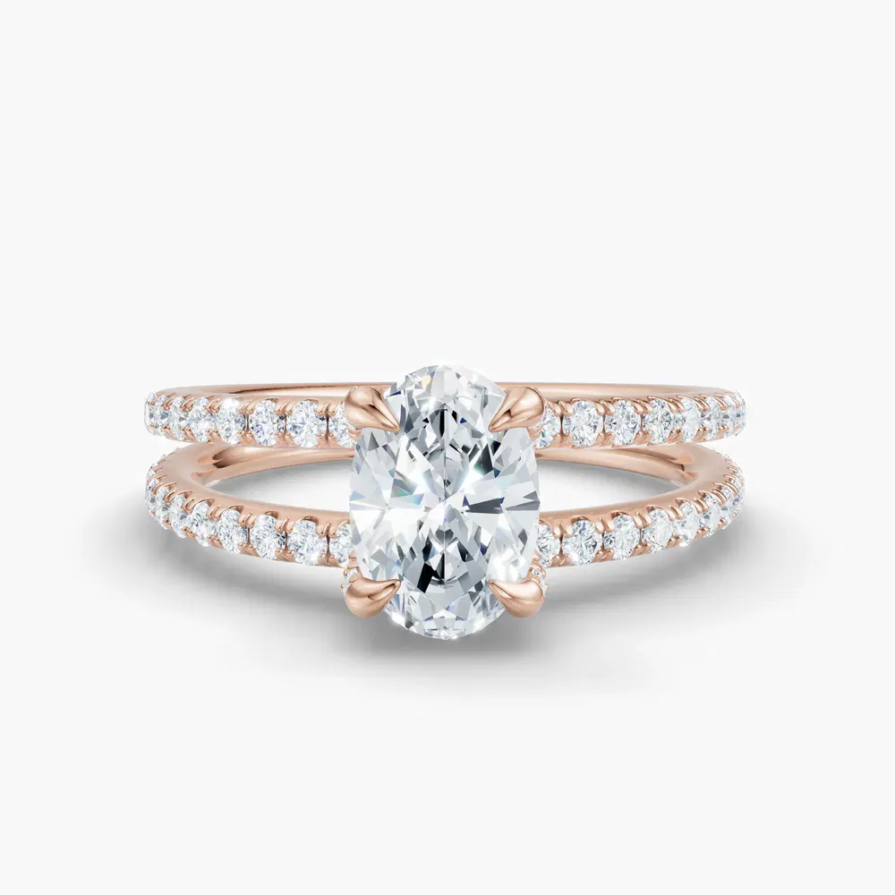 Certified 1 carat Lab Grown Diamond Oval Cut Pavé, Split Shank, Hidden Halo Engagement Ring in 14K Rose Gold-Soren