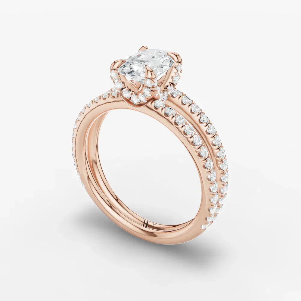 Certified 1 carat Lab Grown Diamond Oval Cut Pavé, Split Shank, Hidden Halo Engagement Ring in 14K Rose Gold-Soren
