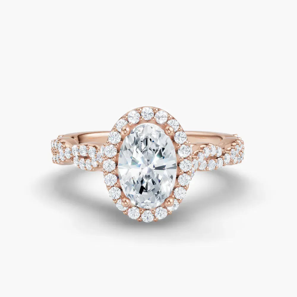 Certified 1 carat Lab Grown Diamond Oval Cut Halo, Pavé, Twist Engagement Ring in 14K Rose Gold-Meraki