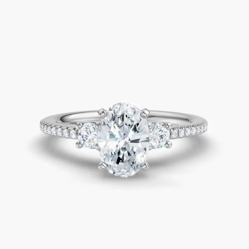 Certified 1 carat Lab Grown Diamond Oval Cut Three Stone, Pavé, Side Stone Engagement Ring in 14K White Gold-Vynix