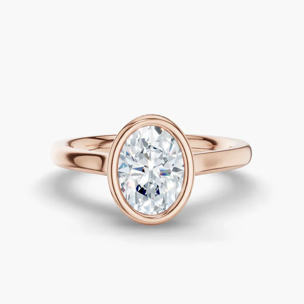 Certified 1 carat Lab Grown Diamond Oval Cut Bezel, Solitaire, Hidden Halo Engagement Ring in 14K Rose Gold-Nival