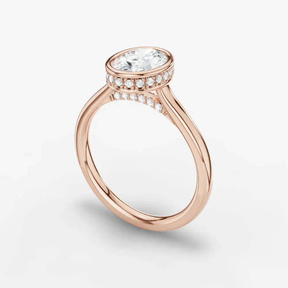 Certified 1 carat Lab Grown Diamond Oval Cut Bezel, Solitaire, Hidden Halo Engagement Ring in 14K Rose Gold-Nival