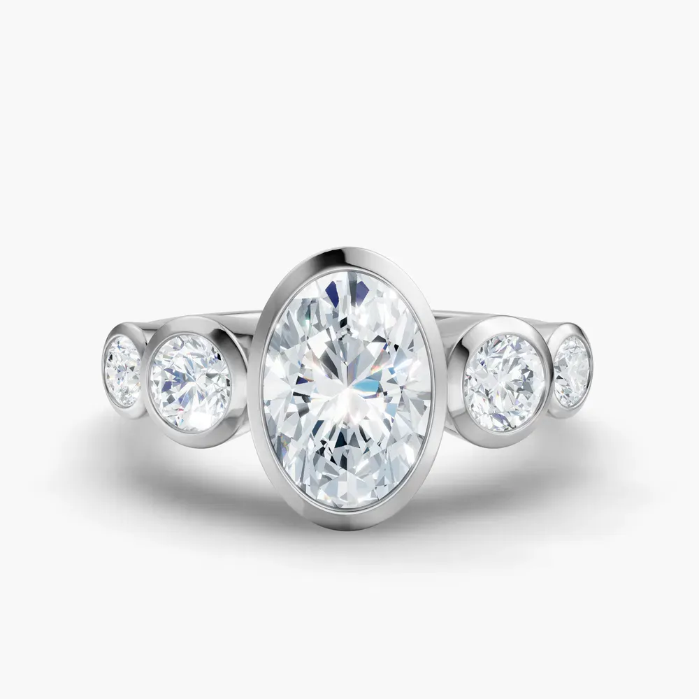Certified 2 carat Lab Grown Diamond Oval Cut Five Stone, Milgrain, Bezel Engagement Ring in 14K White Gold-Sole