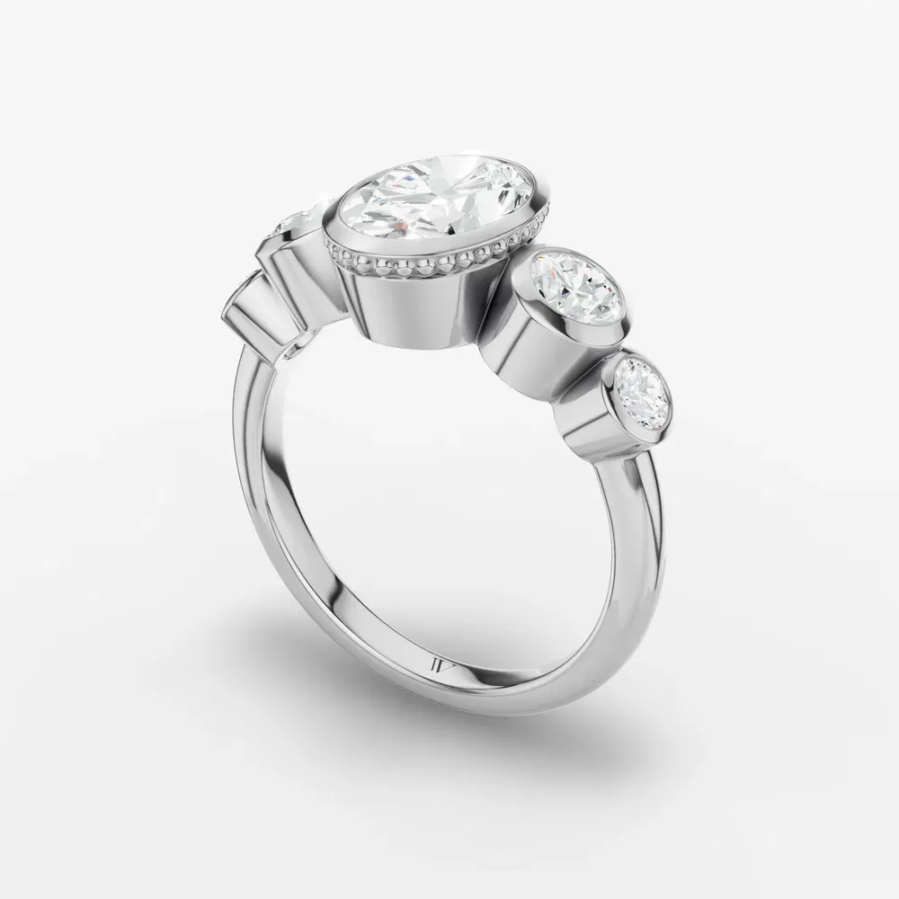 Certified 2 carat Lab Grown Diamond Oval Cut Five Stone, Milgrain, Bezel Engagement Ring in 14K White Gold-Sole