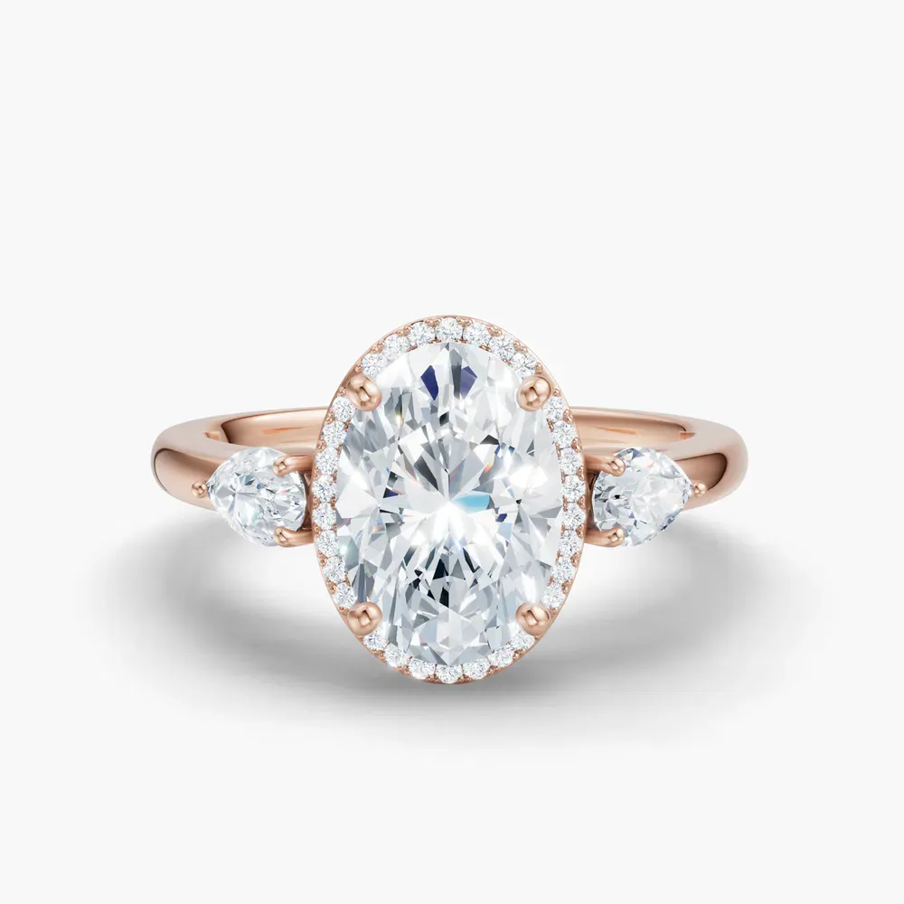 Certified 1 carat Lab Grown Diamond Oval Cut Halo, Cathedral, Three Stone Engagement Ring in 14K Rose Gold-Daren