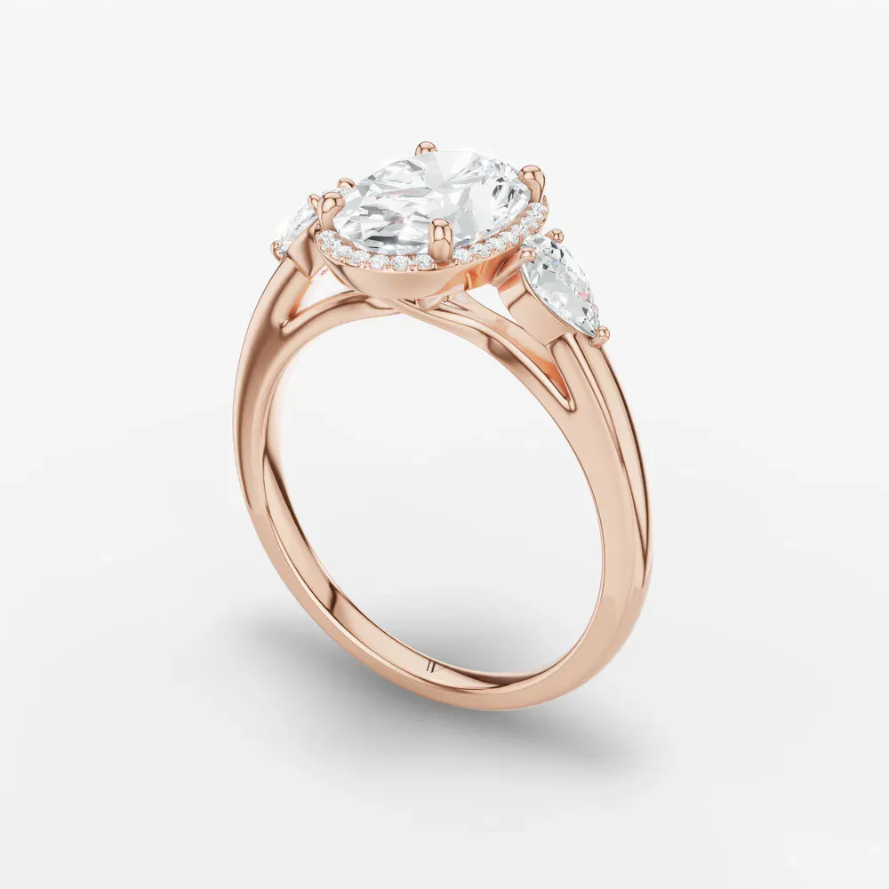 Certified 1 carat Lab Grown Diamond Oval Cut Halo, Cathedral, Three Stone Engagement Ring in 14K Rose Gold-Daren