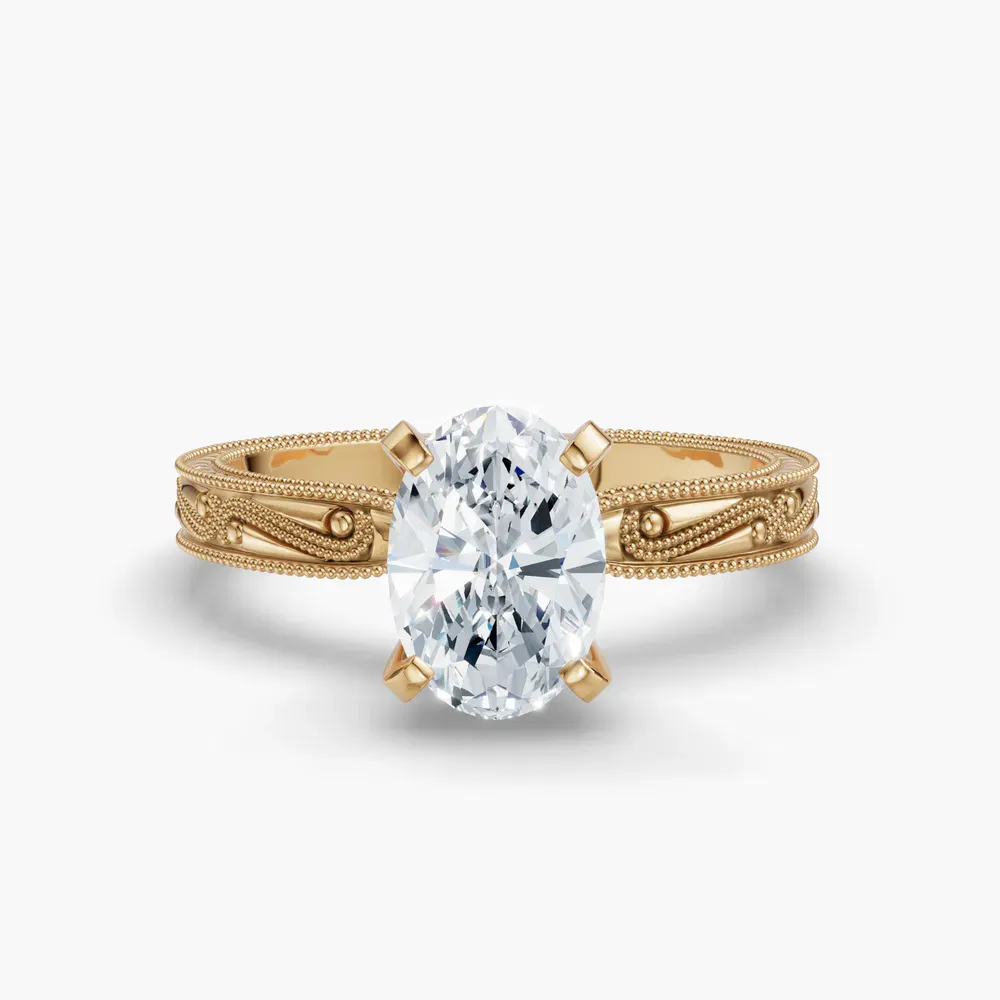 Certified 1 carat Lab Grown Diamond Oval Cut Solitaire, Milgrain, Vintage Engagement Ring in 14K Yellow Gold-Lirae
