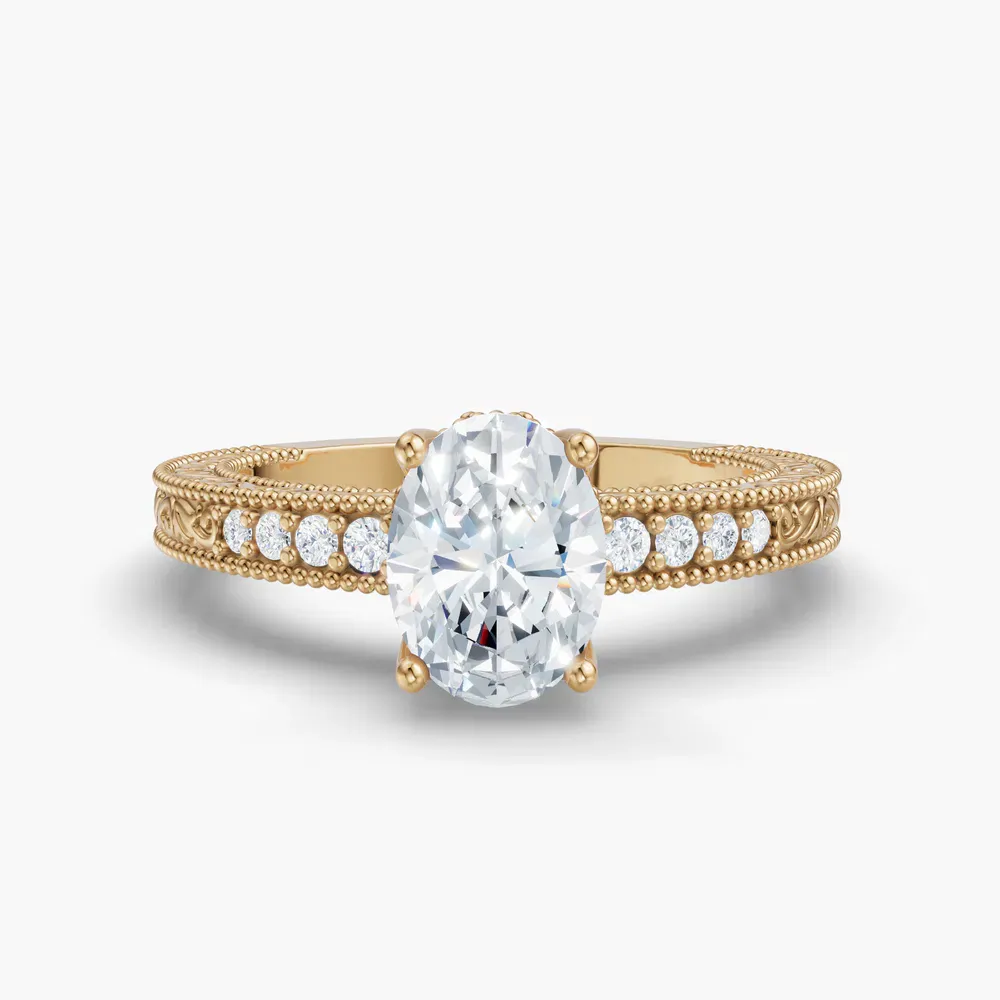 Certified 1 carat Lab Grown Diamond Oval Cut Vintage, Milgrain, Side Stone Engagement Ring in 14K Yellow Gold-Meren