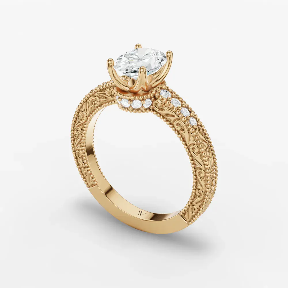 Certified 1 carat Lab Grown Diamond Oval Cut Vintage, Milgrain, Side Stone Engagement Ring in 14K Yellow Gold-Meren