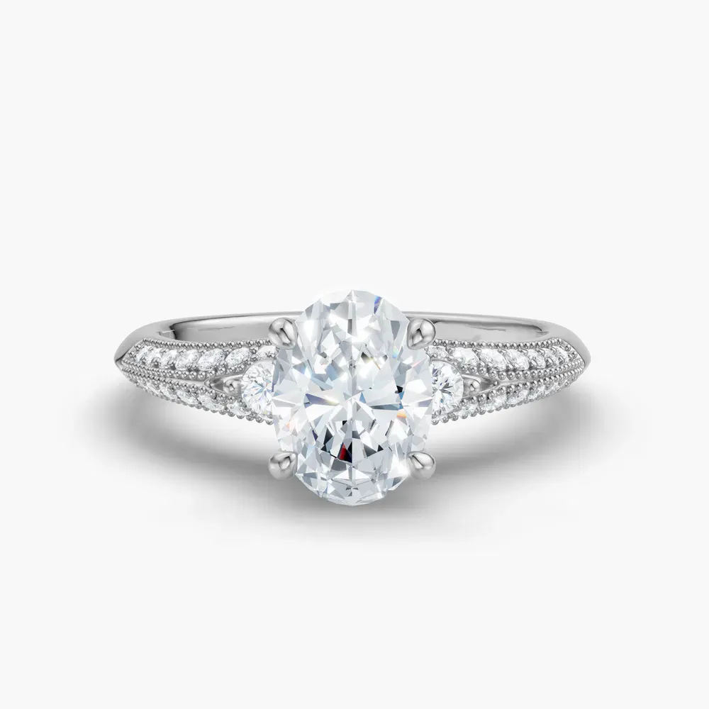 Certified 1 carat Lab Grown Diamond Oval Cut Milgrain, Three Stone, Pavé Engagement Ring in 14K White Gold-Avery