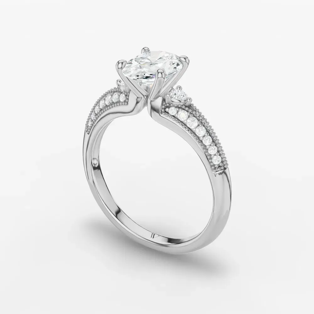 Certified 1 carat Lab Grown Diamond Oval Cut Milgrain, Three Stone, Pavé Engagement Ring in 14K White Gold-Avery