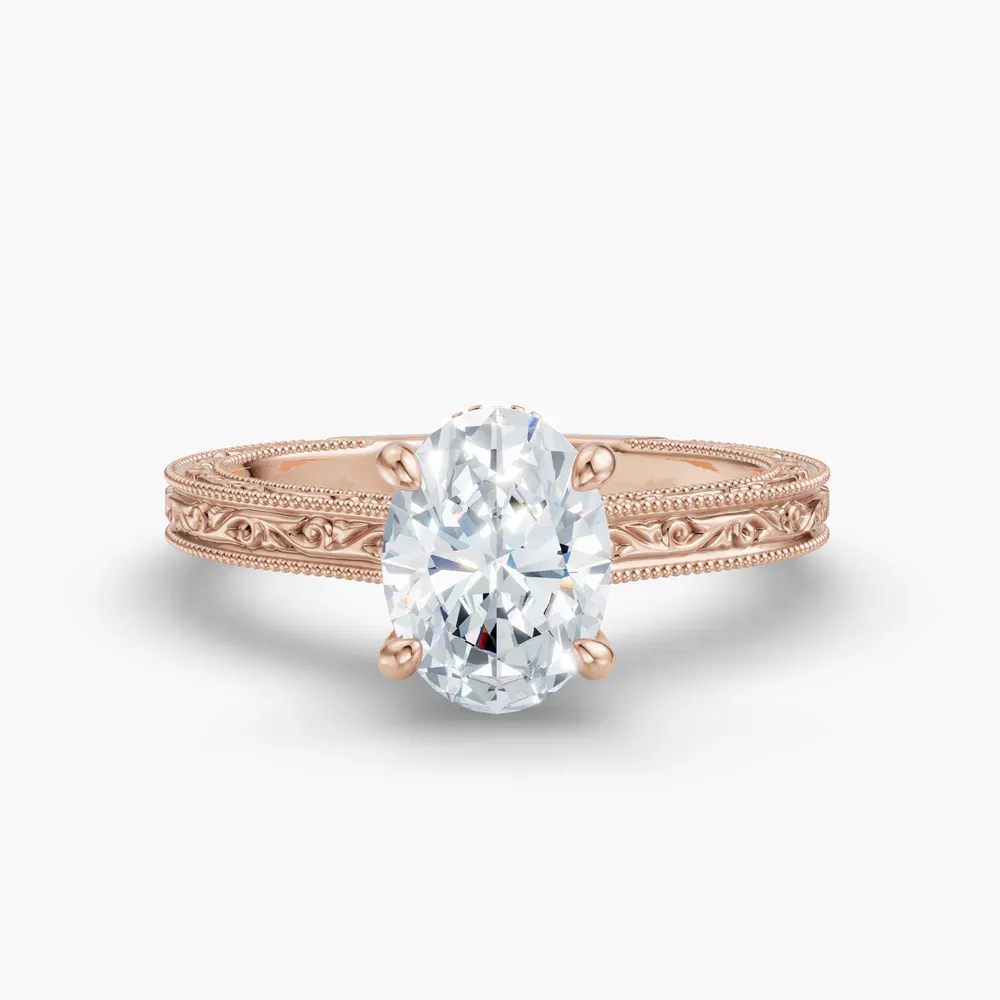 Certified 1 carat Lab Grown Diamond Oval Cut Hidden Halo, Cathedral, Vintage Engagement Ring in 14K Rose Gold-Echo