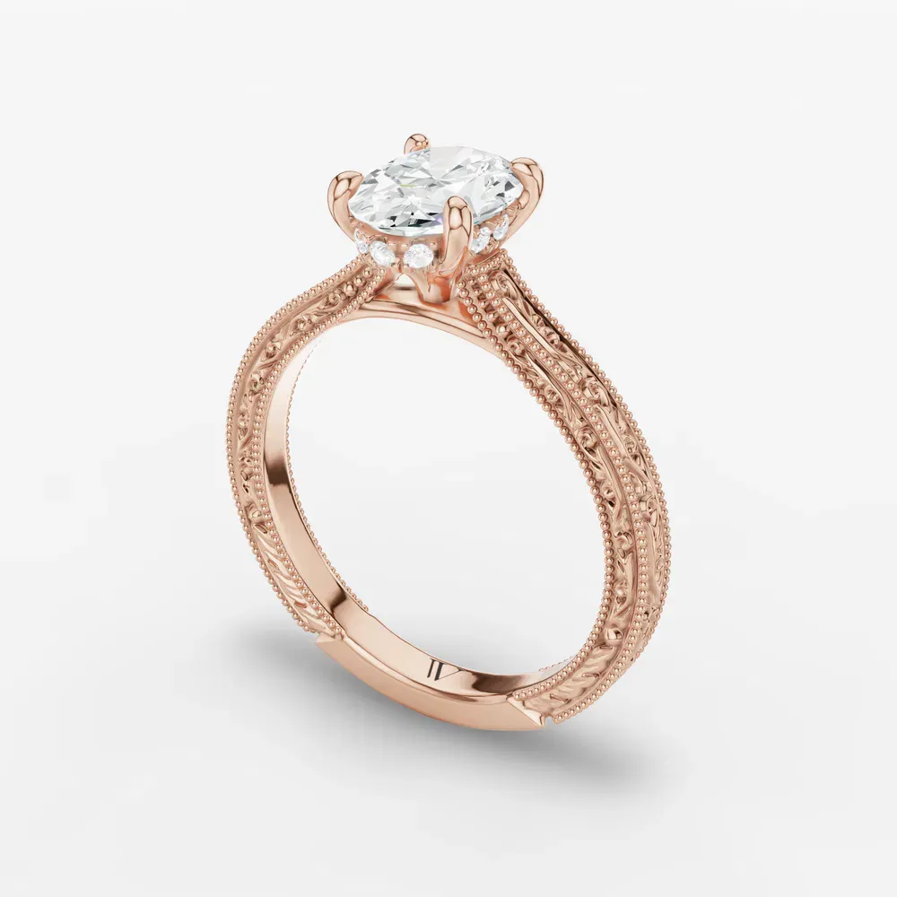 Certified 1 carat Lab Grown Diamond Oval Cut Hidden Halo, Cathedral, Vintage Engagement Ring in 14K Rose Gold-Echo