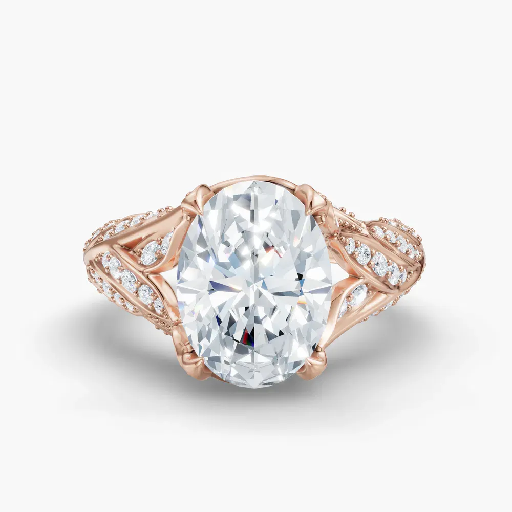 Certified 3 carat Lab Grown Diamond Oval Cut Nature inspired, Pavé Engagement Ring in 14K Rose Gold-Rift