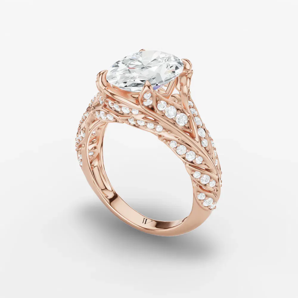 Certified 3 carat Lab Grown Diamond Oval Cut Nature inspired, Pavé Engagement Ring in 14K Rose Gold-Rift