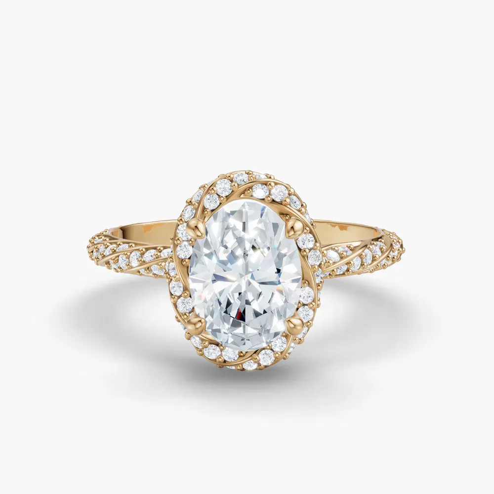 Certified 1 carat Lab Grown Diamond Oval Cut Halo, Floral, Twist Engagement Ring in 14K Yellow Gold-Moxl