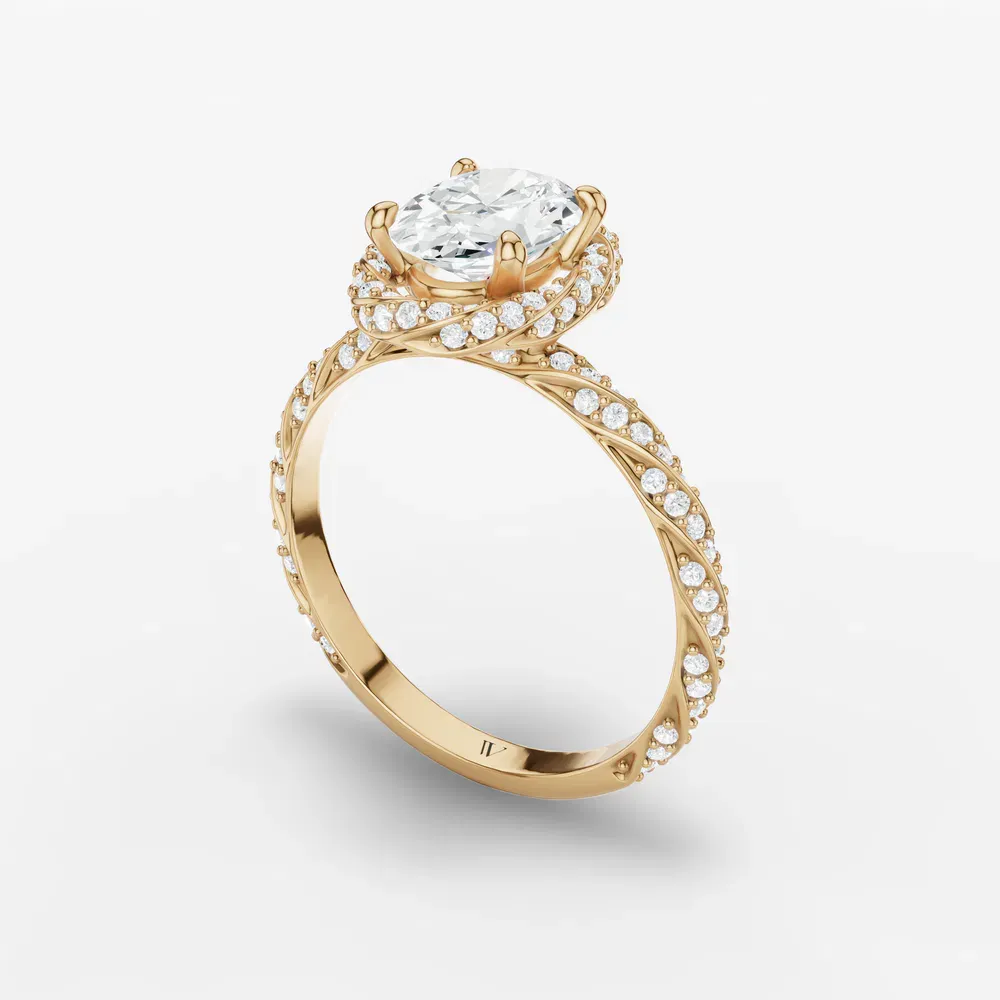 Certified 1 carat Lab Grown Diamond Oval Cut Halo, Floral, Twist Engagement Ring in 14K Yellow Gold-Moxl