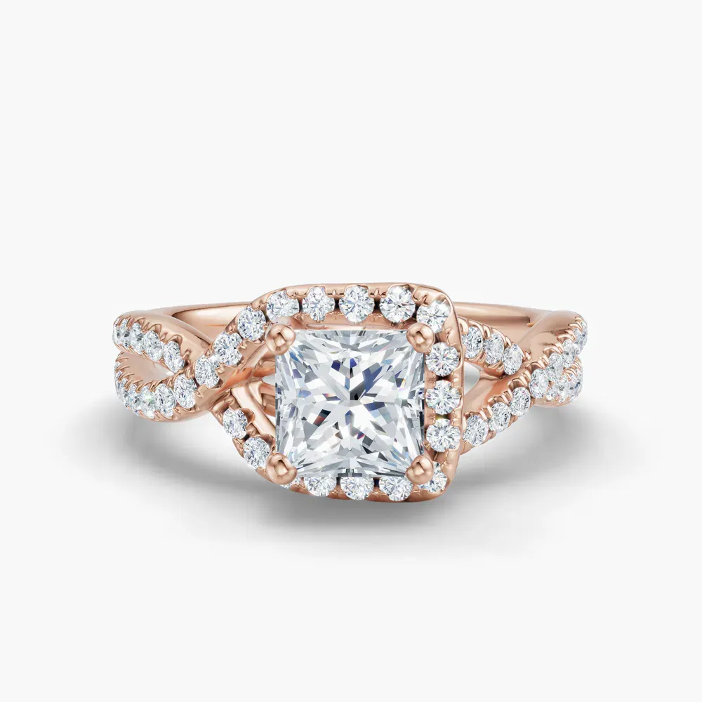 Certified 1 carat Lab Grown Diamond Princess Cut Unique, Pavé, Halo Engagement Ring in 14K Rose Gold-Stellune