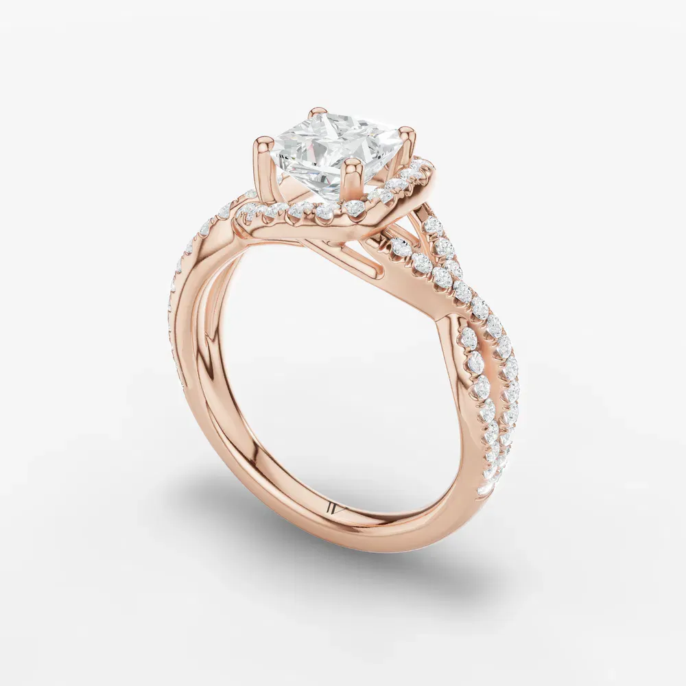 Certified 1 carat Lab Grown Diamond Princess Cut Unique, Pavé, Halo Engagement Ring in 14K Rose Gold-Stellune