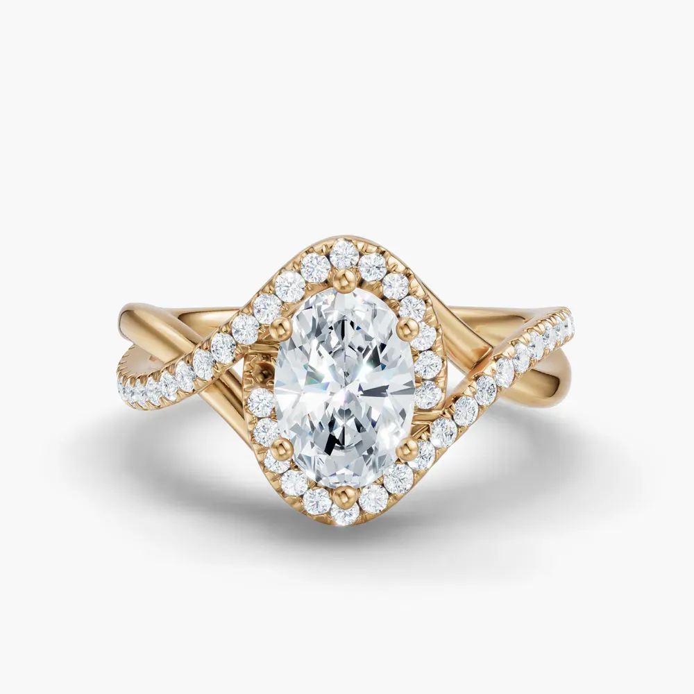Certified 1 carat Lab Grown Diamond Oval Cut Halo, Pavé, Twist Engagement Ring in 14K Yellow Gold-Dell