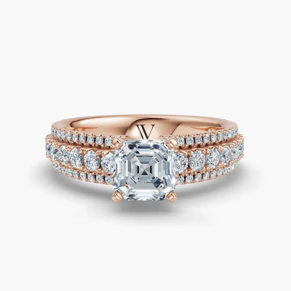 Certified 1 carat Lab Grown Diamond Asscher Cut Pavé Engagement Ring in 14K Rose Gold-Riven